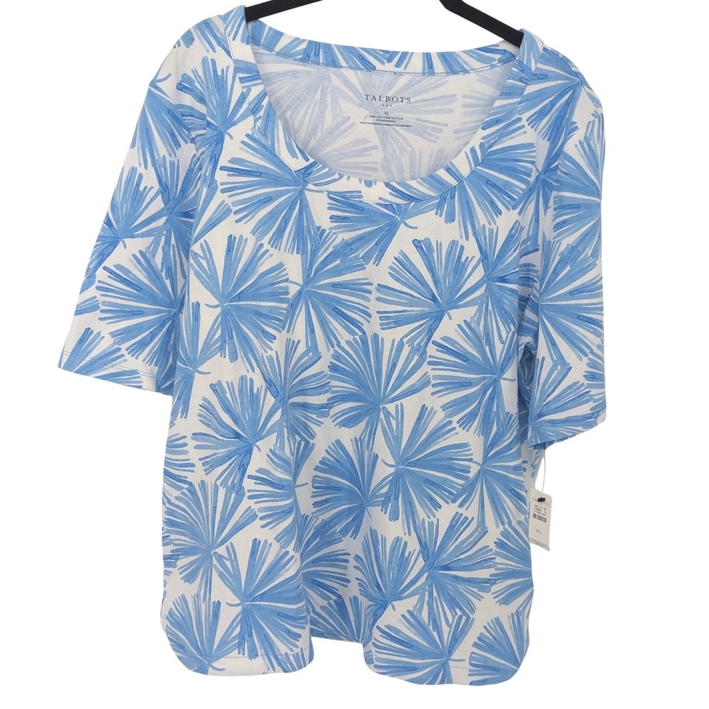 Talbots White & Light Blue Palm-Print Short Sleeve Tee